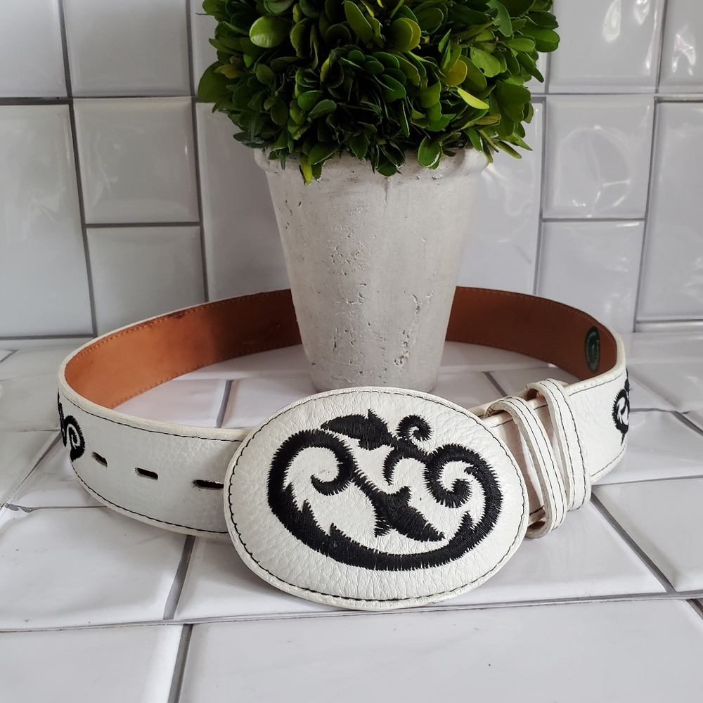 EL GENERAL White Leather Belt with Black Embroider
